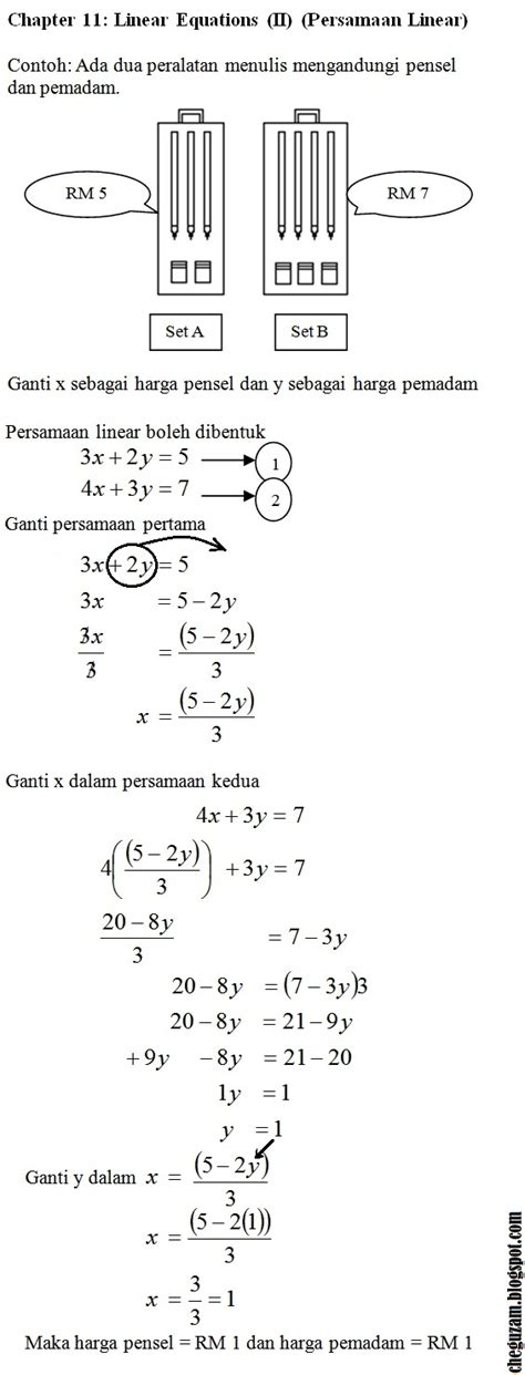 Hitung nilai x dan y yang memuaskan persamaan linear serentak berikut: Nota Matematik Tingkatan 3 | Bab 11 : Linear Equation ...