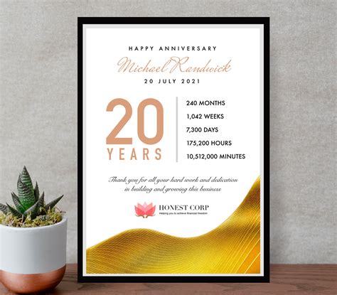 20th Work Anniversary Print 20 Year Employee T Work Etsy Uk