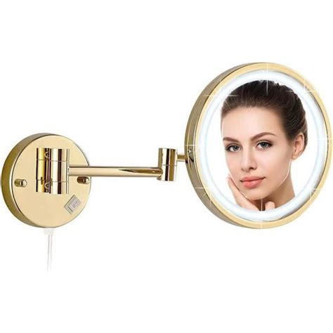 Miroir Grossissant Lumineux Mural LED Maquillage 10x Doré Extensible