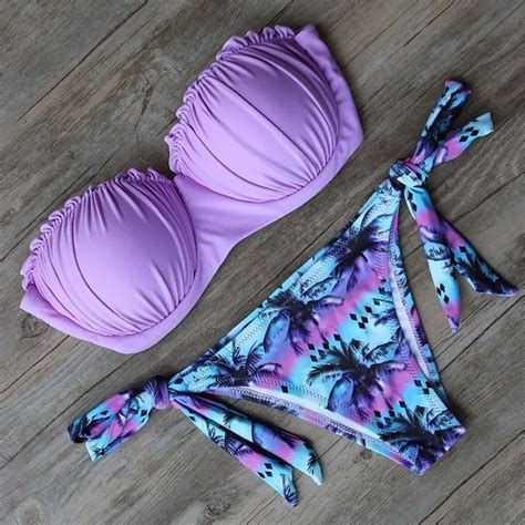 New Women Sexy Bandage Floral Bikini Set Bra Triangle Beachwear Swimsuit Halter Bandeau Swimwear
