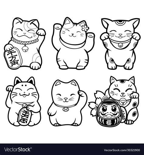 Lucky Cat Maneki Neko Black White Set Japan Vector Image