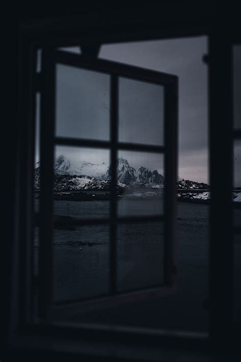 Download Wallpaper 2000x3000 Window Mountains Snowy Dark Hd Background