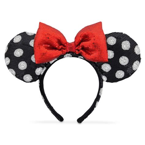 Disney Minnie Ears Headband Sequined Black White With Red Bow
