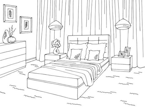 Bedroom Black White Graphic Interior Sketch Illustration Vector