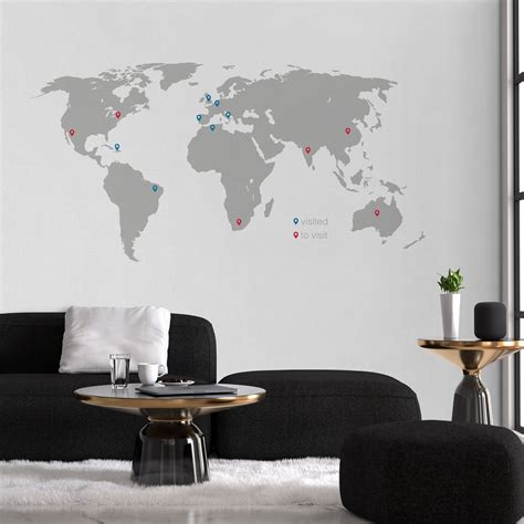 World Map With Pins Large World Map Vinyl Wall Sticker Etsy