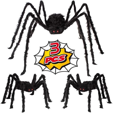3 pack halloween realistic spider decoration set scary hairy giant spiders with red eyes