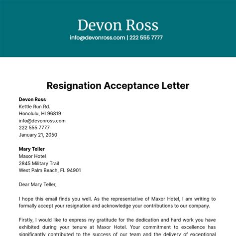 Free Resignation Acceptance Letter Templates And Examples Edit Online