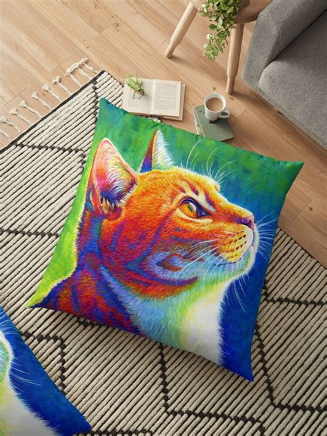 Anticipation Rainbow Tabby Cat Floor Pillows By Rebecca Wang