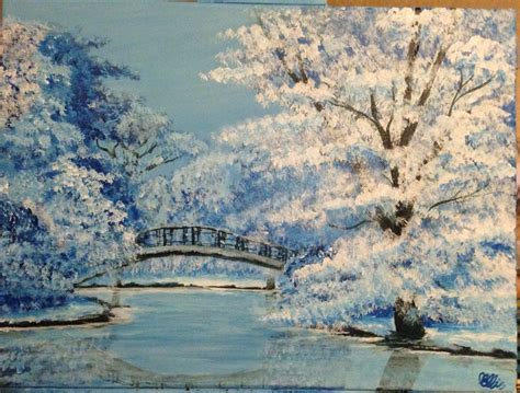 Icy River Bridge Painting Acrylic Painting Artistry