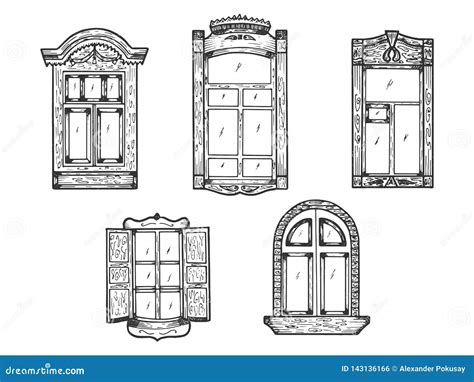 Windows Wooden Sketch Engraving Vector Stock Vector Illustration Of