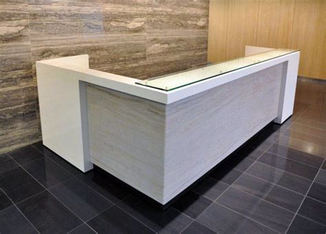 Custom White And Grey L Shaped Reception Desk With Floated Glass