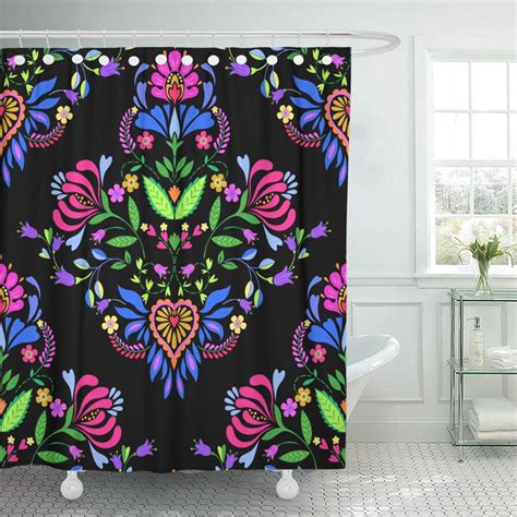 PKNMT Colorful Mexican Folk Pattern Ornamental Traditional Floral Lace Curves Flower Bathroom