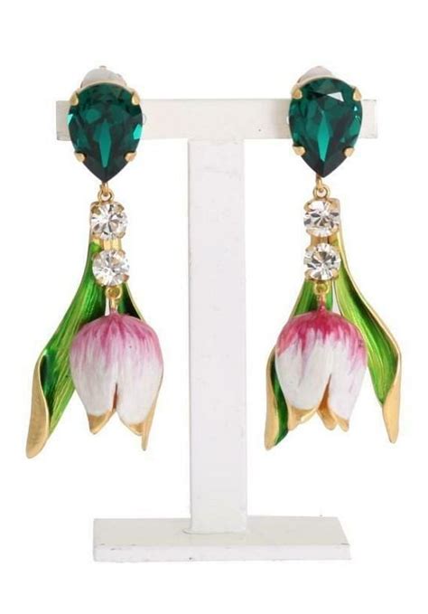 Dolce And Gabbana Earrings Gold Brass White Tulip Crystal Clip On Sicily