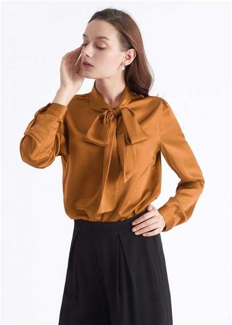 Bow Tie Neck Silk Blouse In 2020 Womens Silk Blouses Silk Blouse Knitted Coat