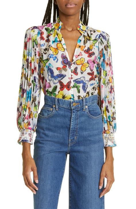 Alice Olivia Ilan Butterfly Print Cotton And Silk Blouse Nordstrom