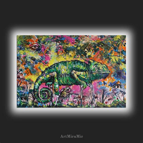 Original Chameleon Bright Abstract Painting Animals Canvas Etsy
