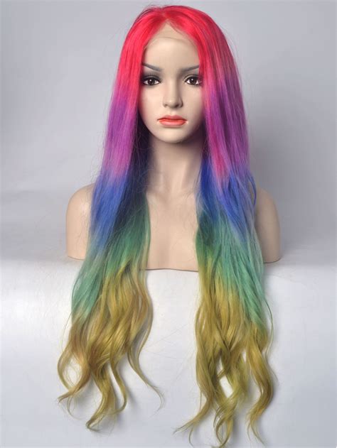 Human Hair Wigs Rainbow Colorful 26 Human Hair Lace Front Wigs