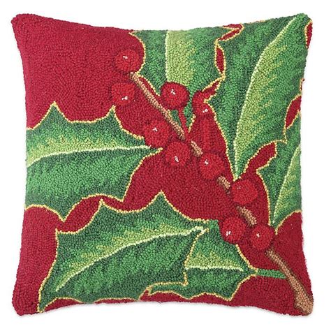 Holly Berry Holiday Hand Hooked Square Throw Pillow In Redgreen Bed