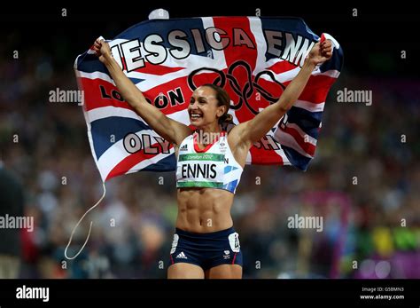 Great Britain S Jessica Ennis Celebrates Her Victory In The Heptathlon