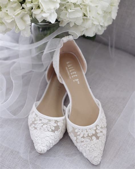 White Crochet Lace Pointy Toe Flats Women Wedding Shoes Bridesmaid