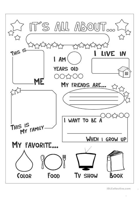 Learners will get handwriting practice and love sharing about their lives as they write a report all about them using this colorful worksheet! 33 Pedagogic 'All About Me' Worksheets | KittyBabyLove.com