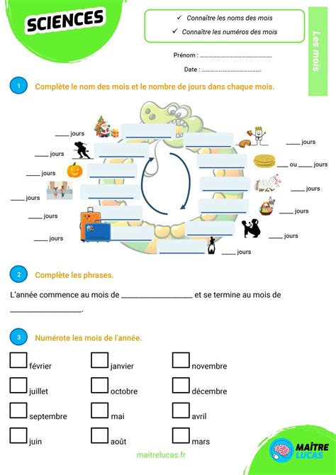 Exercices Sur Les Mois De Lannée Pour Ce1 Ce2 Maître Lucas