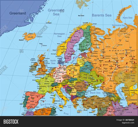 Highly Detailed Vector Map Of Europe With Countries Capitals Big Cities And Roads Stock
