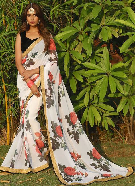 White Multicolor Floral Georgette Saree Lashkaraa Indian Fashion
