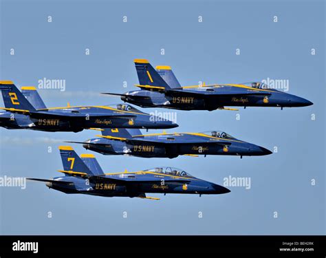 Us Navy Blue Angels Aerobatic Team F 18 Hornets Flying In Formation