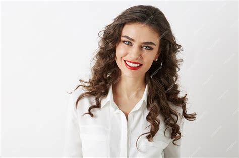 Free Photo Close Up Portrait Of Smiling Attractive Woman With White Teeth Long Curly Hair