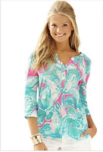 Lilly Pulitzer Mindy Tunic Top Tropical Pink Sands V Neck Linen Shirt