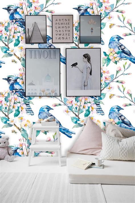 Removable Wallpaper Mural Peel & Stick Birds on a Flowering Branch | Mural wallpaper, Removable ...