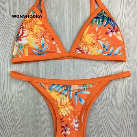 2017 Orange Print Low Waist Sexy Women Bikini Set Womens Swimming Suit