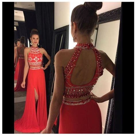 Sexy High Neck 2 Piece Prom Dresses Beading Work Open Back Long Prom Dress Slit Leg Red Formal