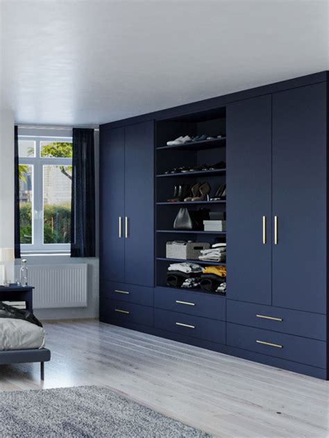 Stunning Indigo Blue Fitted Wardrobe With Gold Handles Bedroom Built