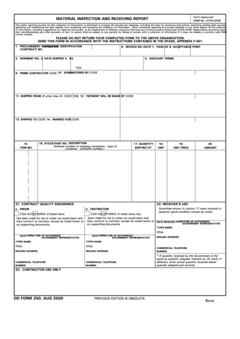 Fillable Dd Form 250 Material Inspection And Receiving Report