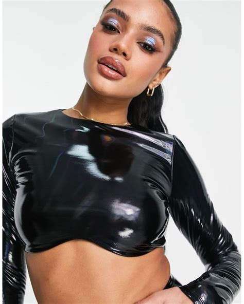 Naked Wardrobe Vinyl Underbust Crop Top In Black Lyst