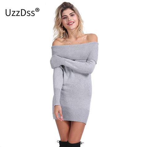 Uzzdss Winter Off Shoulder Knitted Bodycon Dress Women Long Sleeve Autumn Sexy Dress 2017 Party