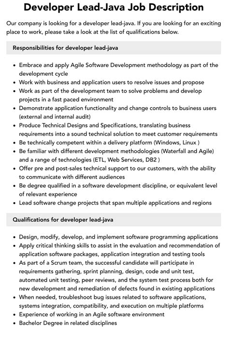 Developer Lead Java Job Description Velvet Jobs