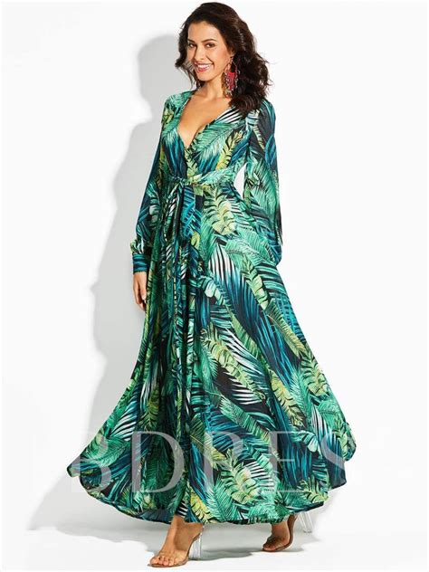 V Neck Lantern Sleeve Plant Print Vacation Womens Maxi Dress Boho