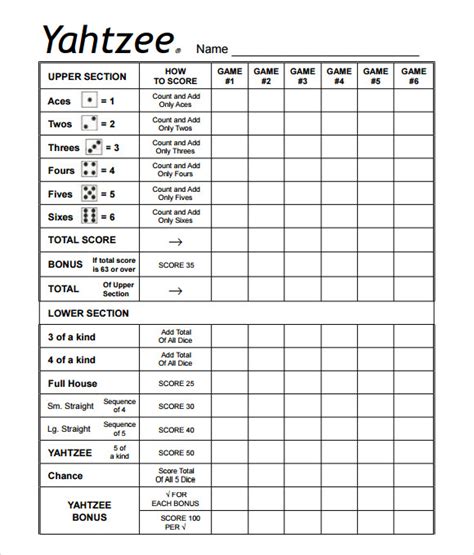 Printable Yahtzee Sheets