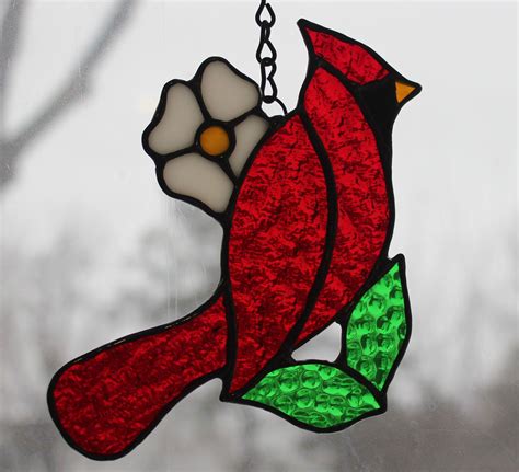 Stained Glass Cardinal With White Flower By Stainedglasselegance On Etsy