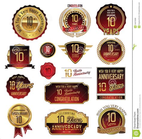 Anniversary Golden Labels Collection 10 Years Stock Illustration