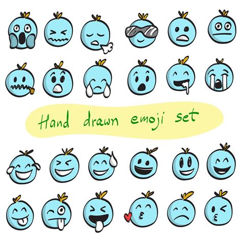Blue Emoji Set Illustration Vector Hand Drawn Isolated On White