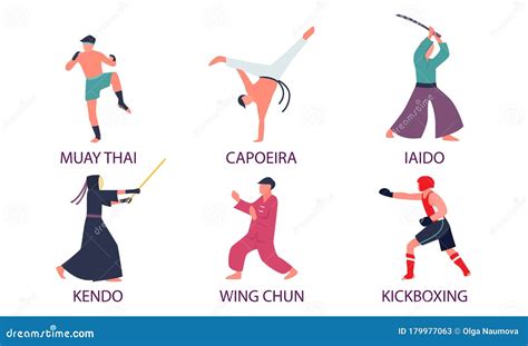 Men Practicing Different Kinds Of Asian Martial Arts With Titles Stock