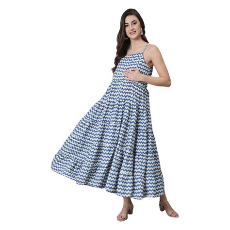 Aks Womens Blue And White Zig Zag Printed Maternity Tiered Maxi Dress