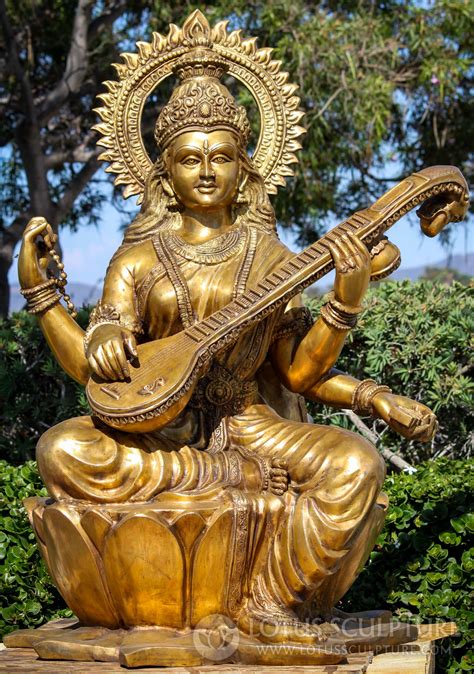 Brass Large Saraswati Statue Seated In Lalitasana On Large Lotus Base Playing Veena 53