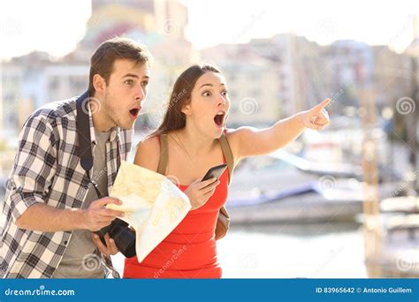 Amazed Couple Of Tourists Finding Destination Stock Photo Image Of