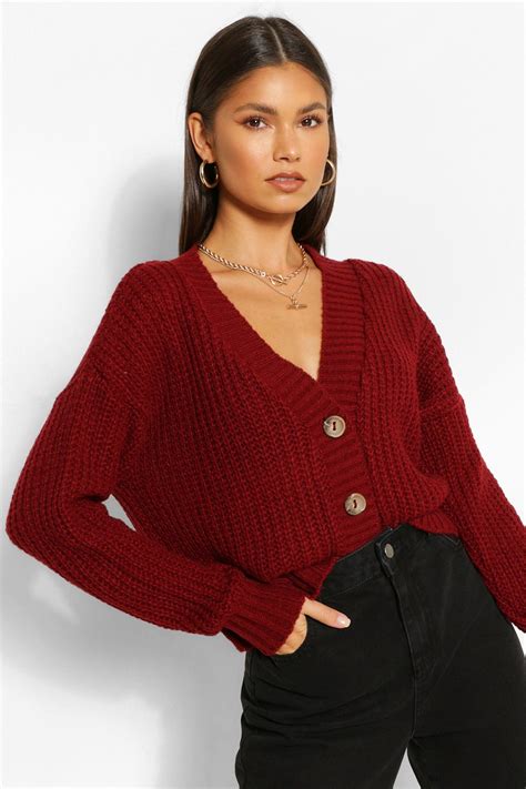 Chunky Knit Cropped Cardigan Red Sweater Outfit Cropped Cardigan