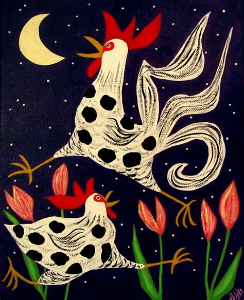 Outsider Folk Art Rooster And Hen In The Tulips Painting J Blake